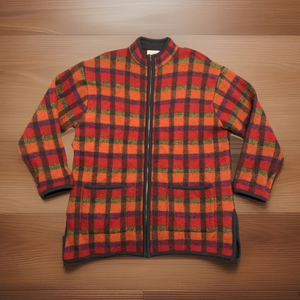 Vintage Marisa Christina Sweater Jacket Wool Full Zip Colorful Plaid Women's L